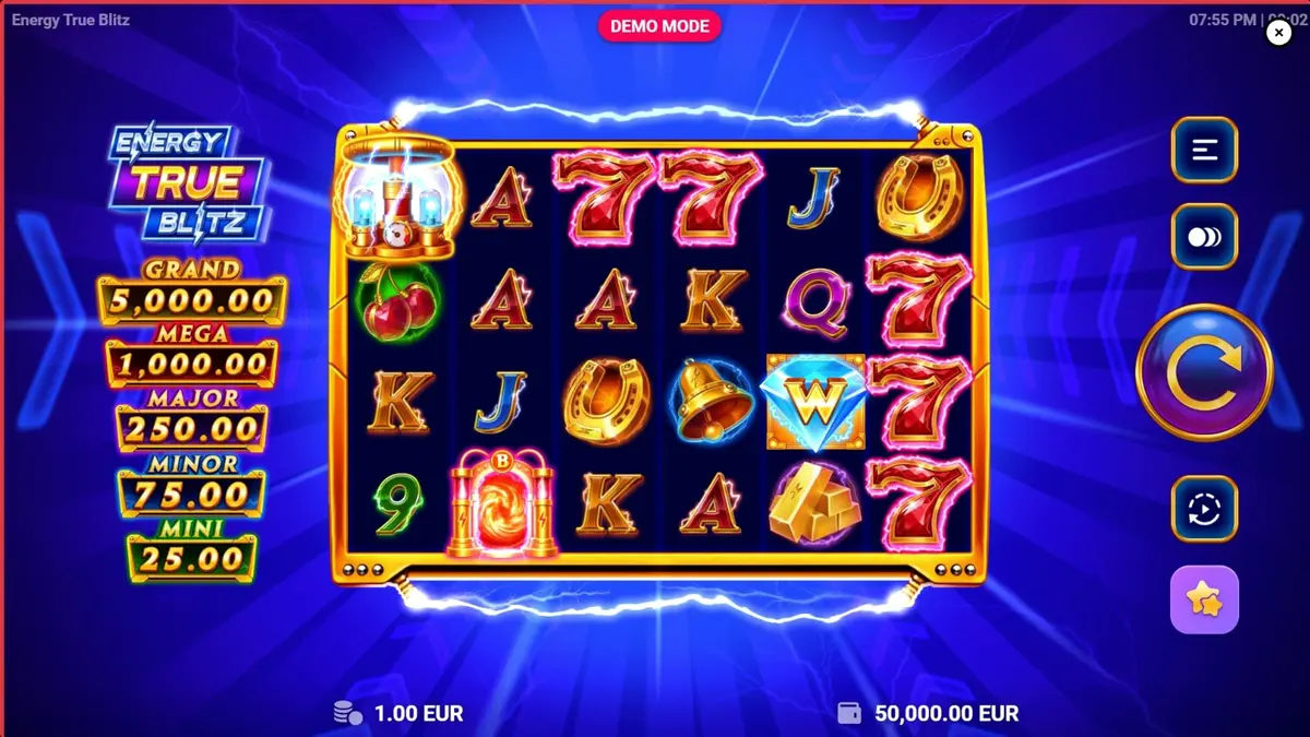 Tampilan visual slot Energy True Blitz dengan nuansa neon dan listrik