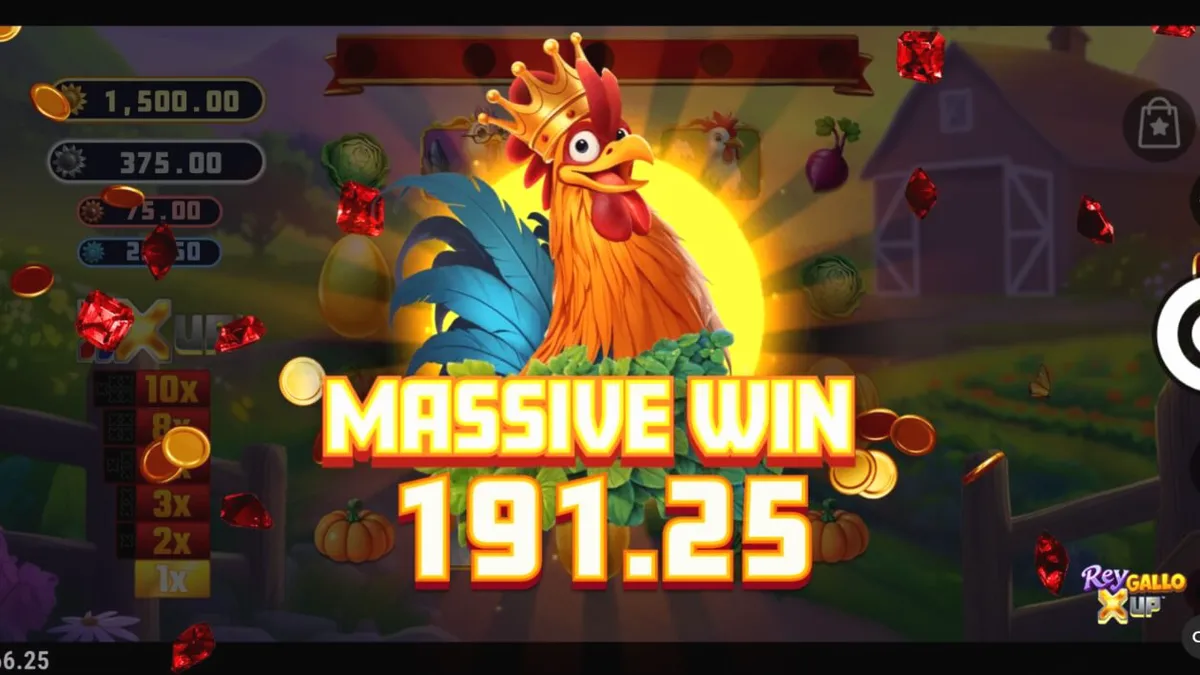 Tampilan visual slot Rey Gallo X UP dengan latar belakang pedesaan yang cerah
